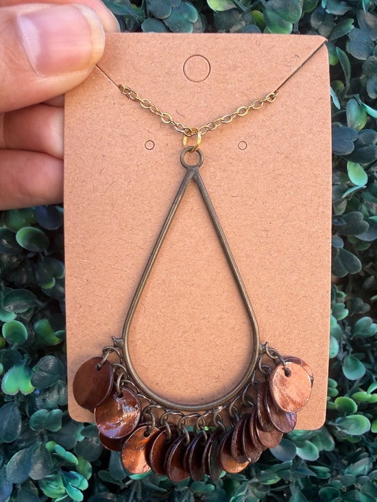 Jewelry - Repurposed Boho Teardrop Dangle Necklace - Bronze with Copper Discs
